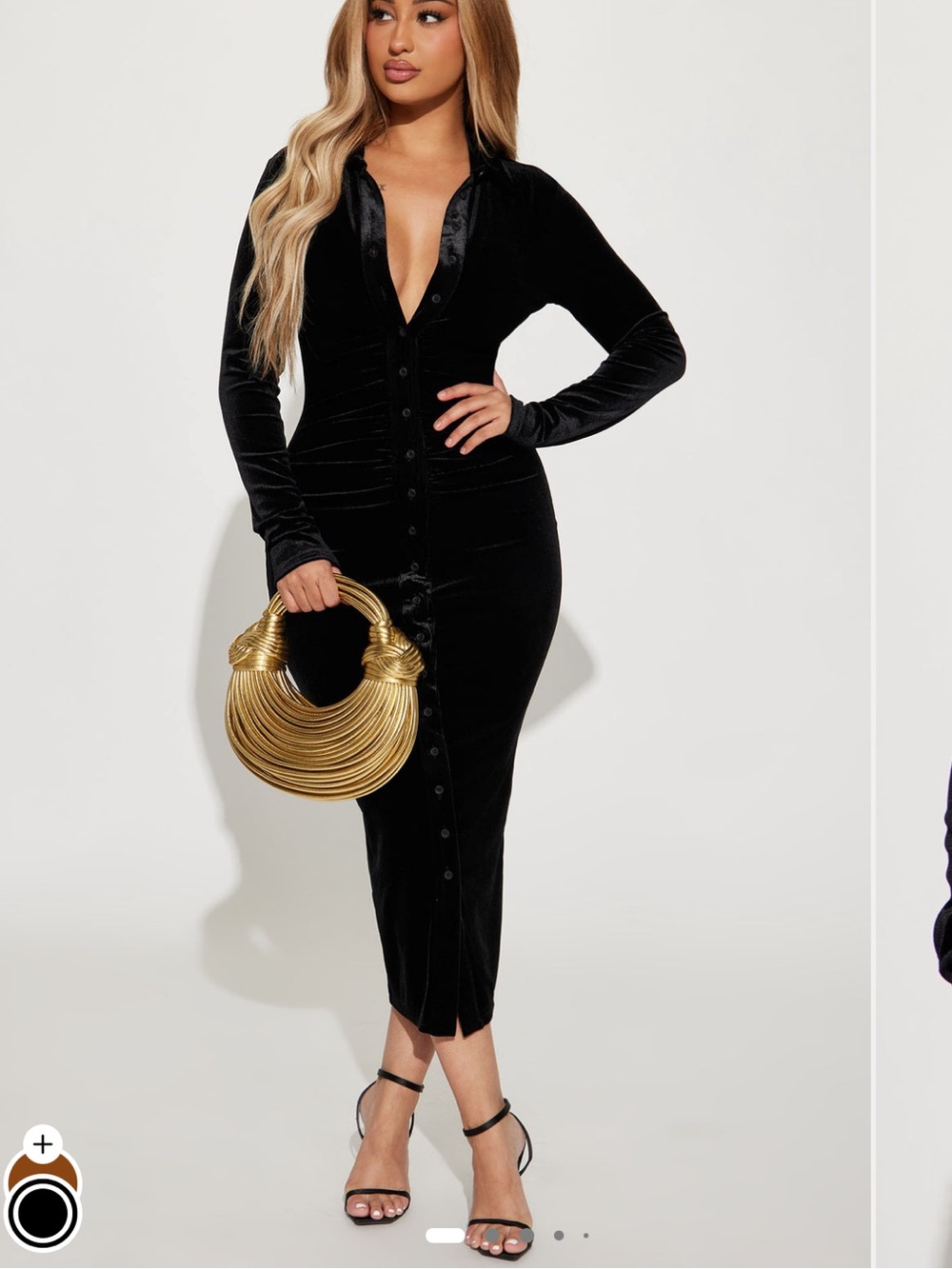 Fashion Nova Black Velvet Button-Front Midi Dress with Gold Accent